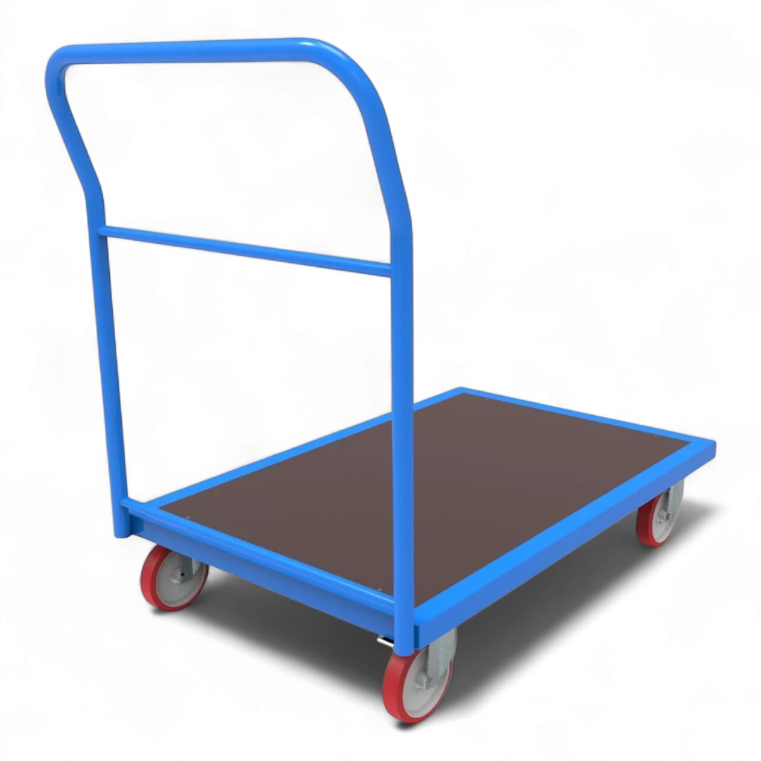 Plattformwagen mit Schiebebügel - Robuste Transportlösung für Lager & Industrie. Stahlrahmen, 4 Lenkrollen, bis 1000 kg Traglast.